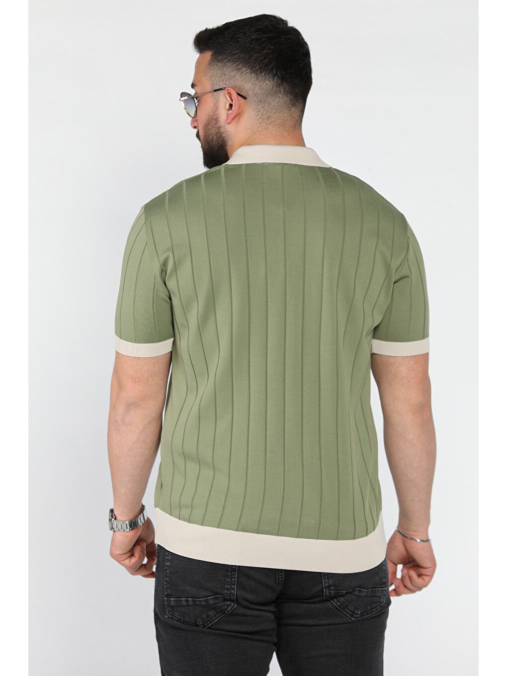 Haki Erkek Polo Yaka Kendinden Çizgi Desenli Renk Garnili Triko Tişört-2