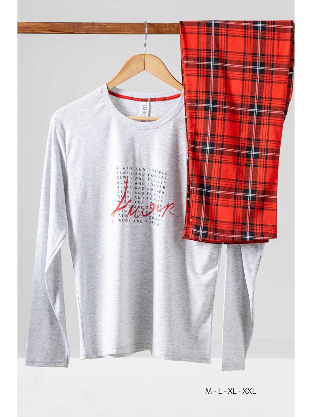 Gri Kadın Pamuklu Uzunkol Pijama Takım