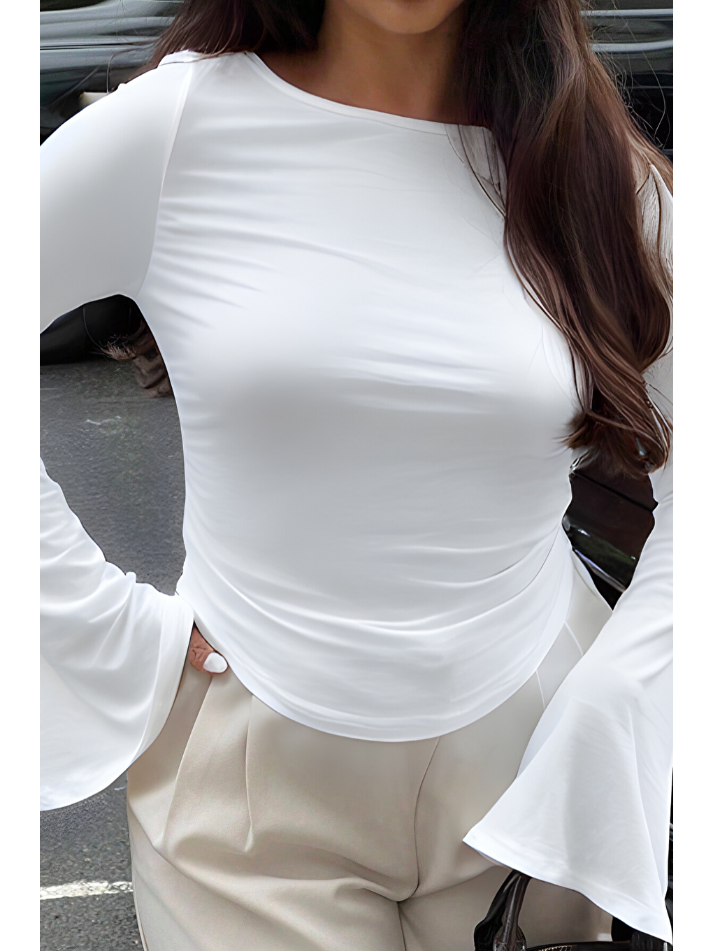 Kadın Beyaz Elastanlı Drapeli Uzun İspanyol Kollu Crop Bluz-2