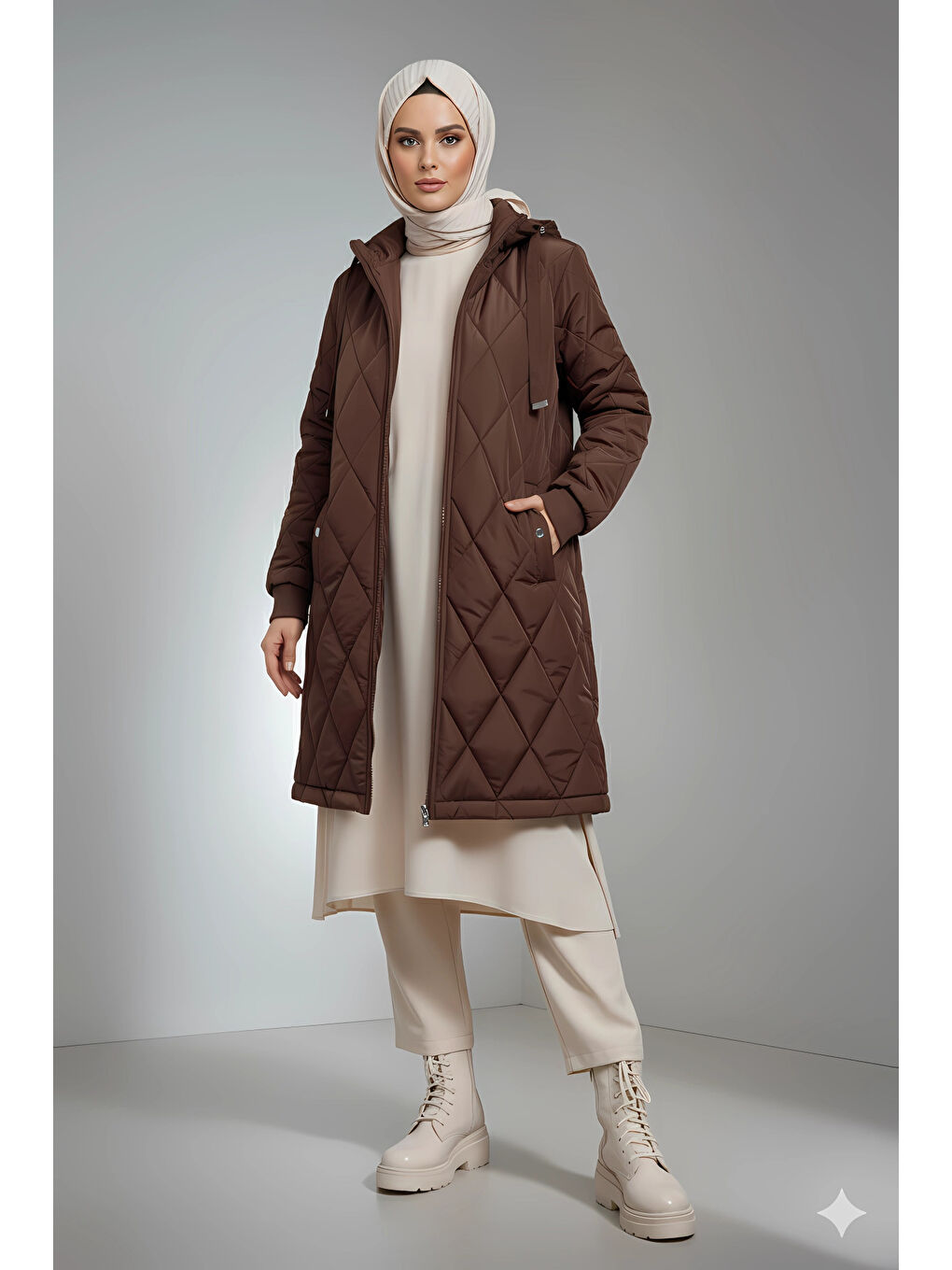 Kadın Kahverengi Uzun Kapitone Astarlı Şişme Tesettür Mont HZL25W-BD151381