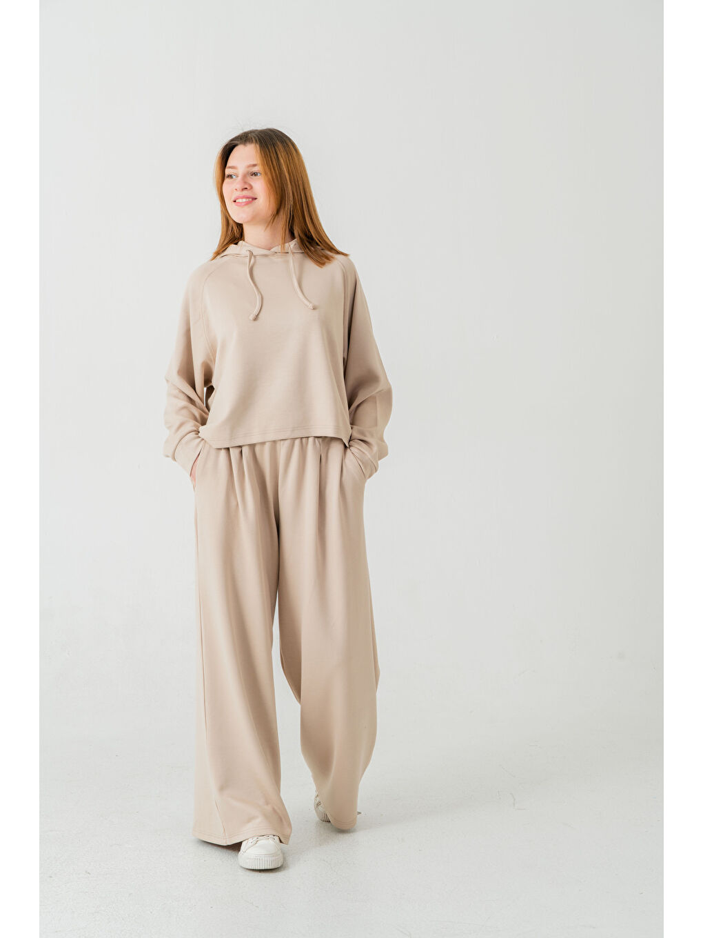 Bej Kapüşonlu Kadın Sweat Takım-1