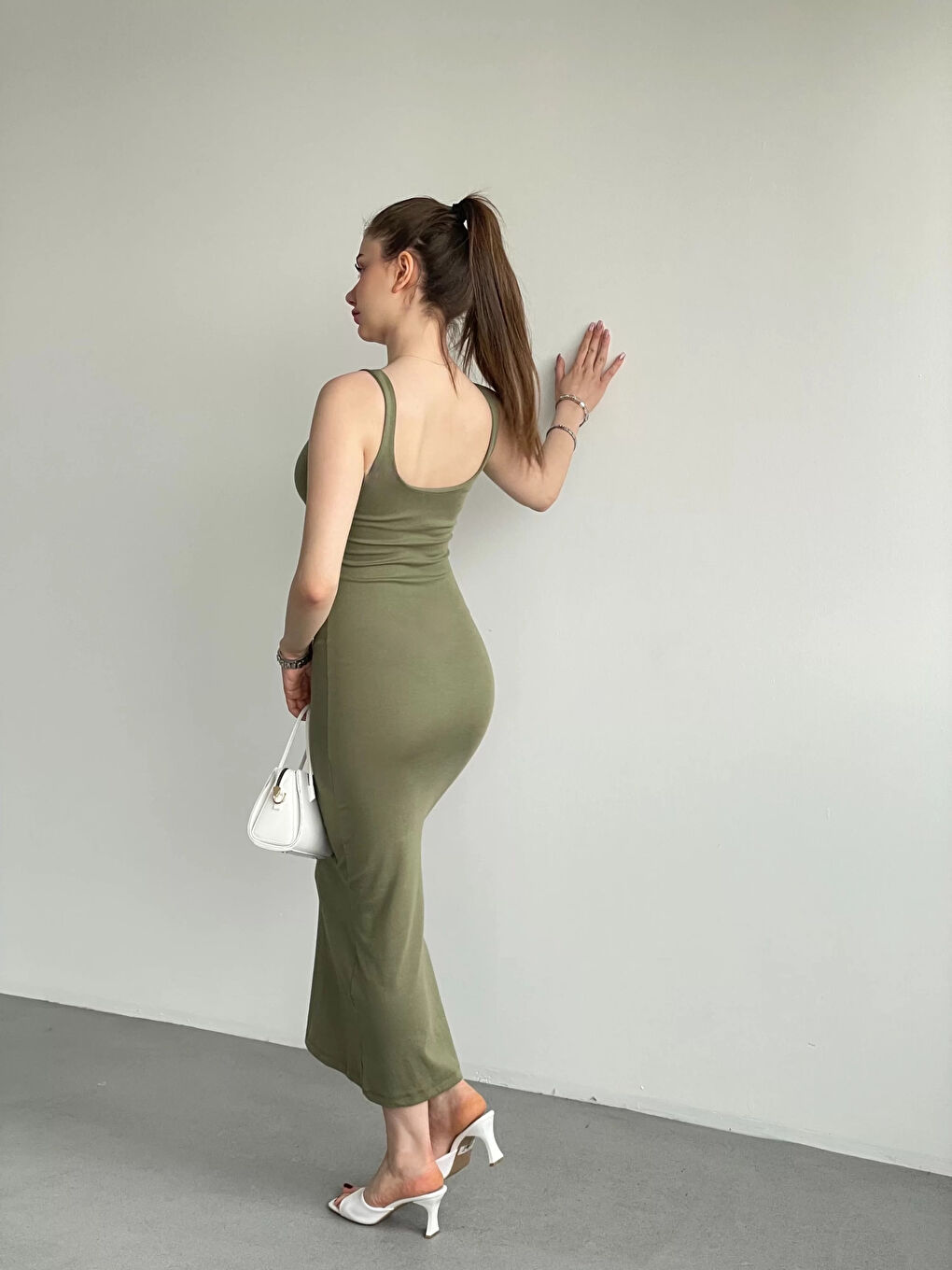 Kadın Haki Askılı Kare Yaka Midi Elbise HZL25S-ZK11621-4