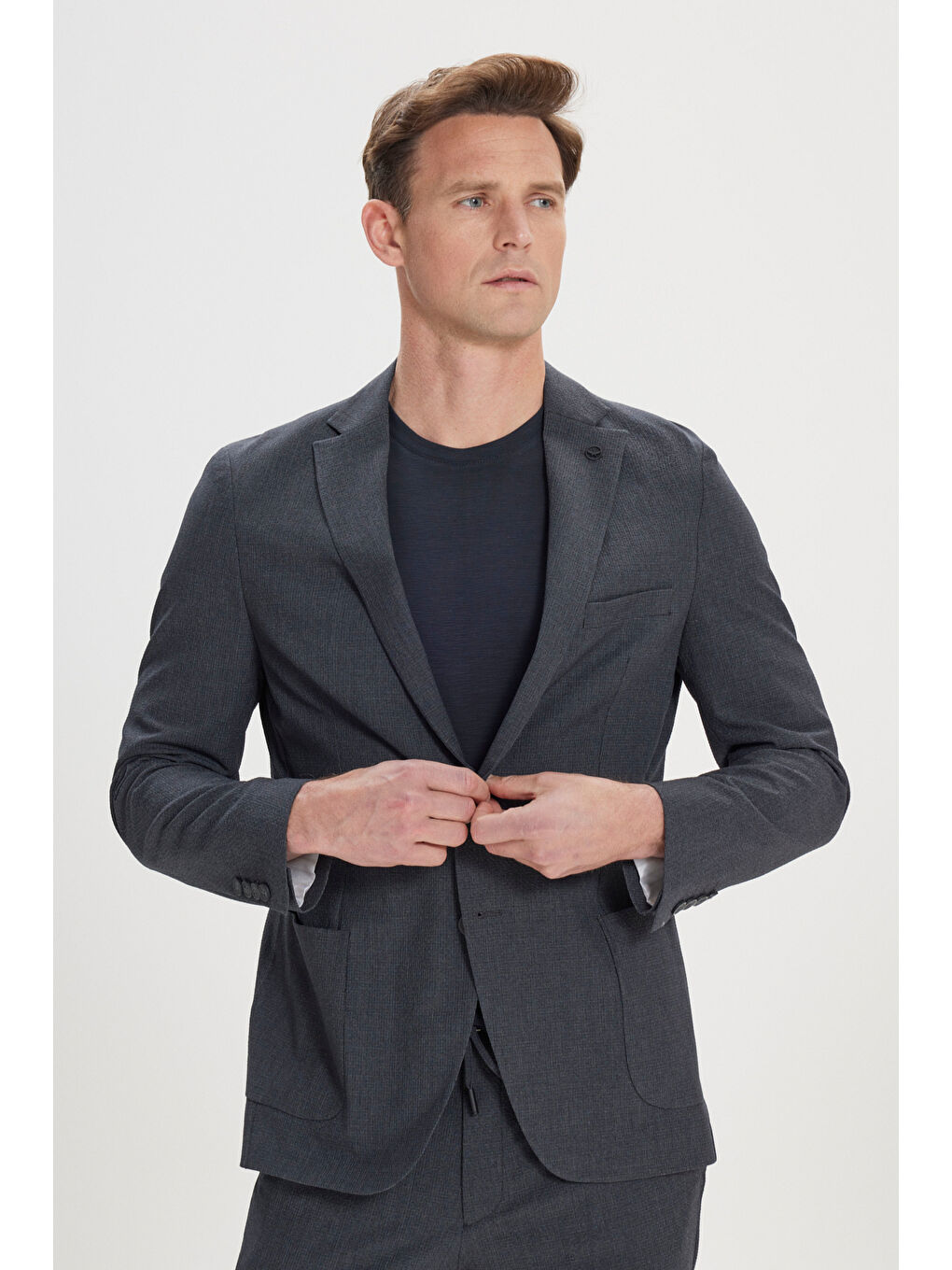 Erkek Antrasit Slim Fit Dar Kesim Mono Yaka Kazayağı Desenli Ceket-2