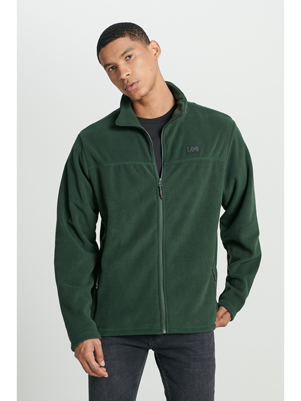 Regular Fit Normal Kesim Dik Yaka Fermuarlı Yeşil Polar Ceket-2