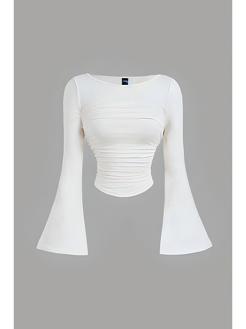 Kadın Beyaz Elastanlı Drapeli Uzun İspanyol Kollu Crop Bluz-3