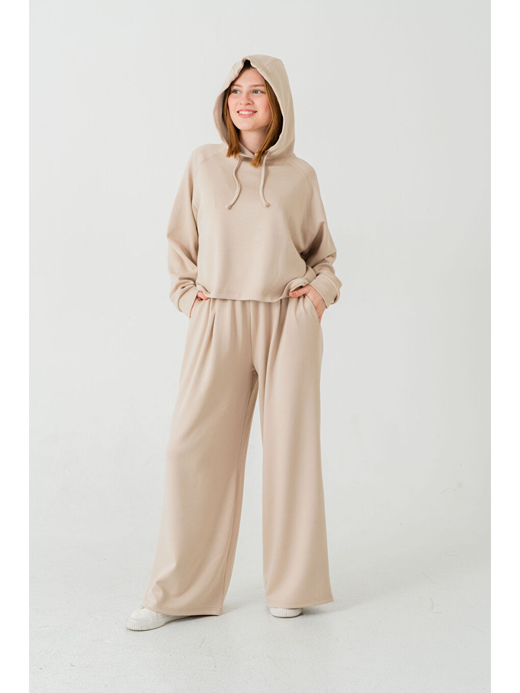 Bej Kapüşonlu Kadın Sweat Takım-6