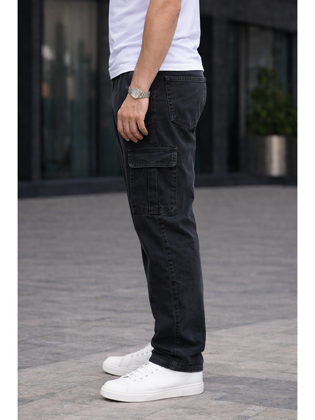 Gri Erkek Trend Bol Paça Günlük Kargo Füme Baggy Pantolon-1