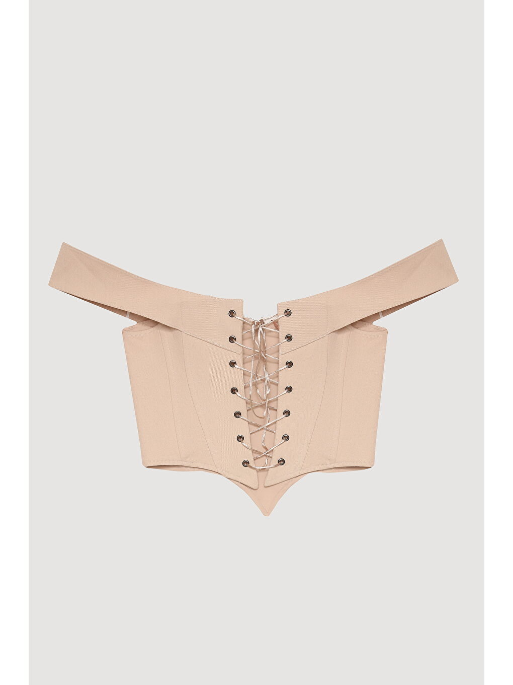 Bej Sırtı İp Bağlamalı Asimetrik Crop Bluz Taş-1