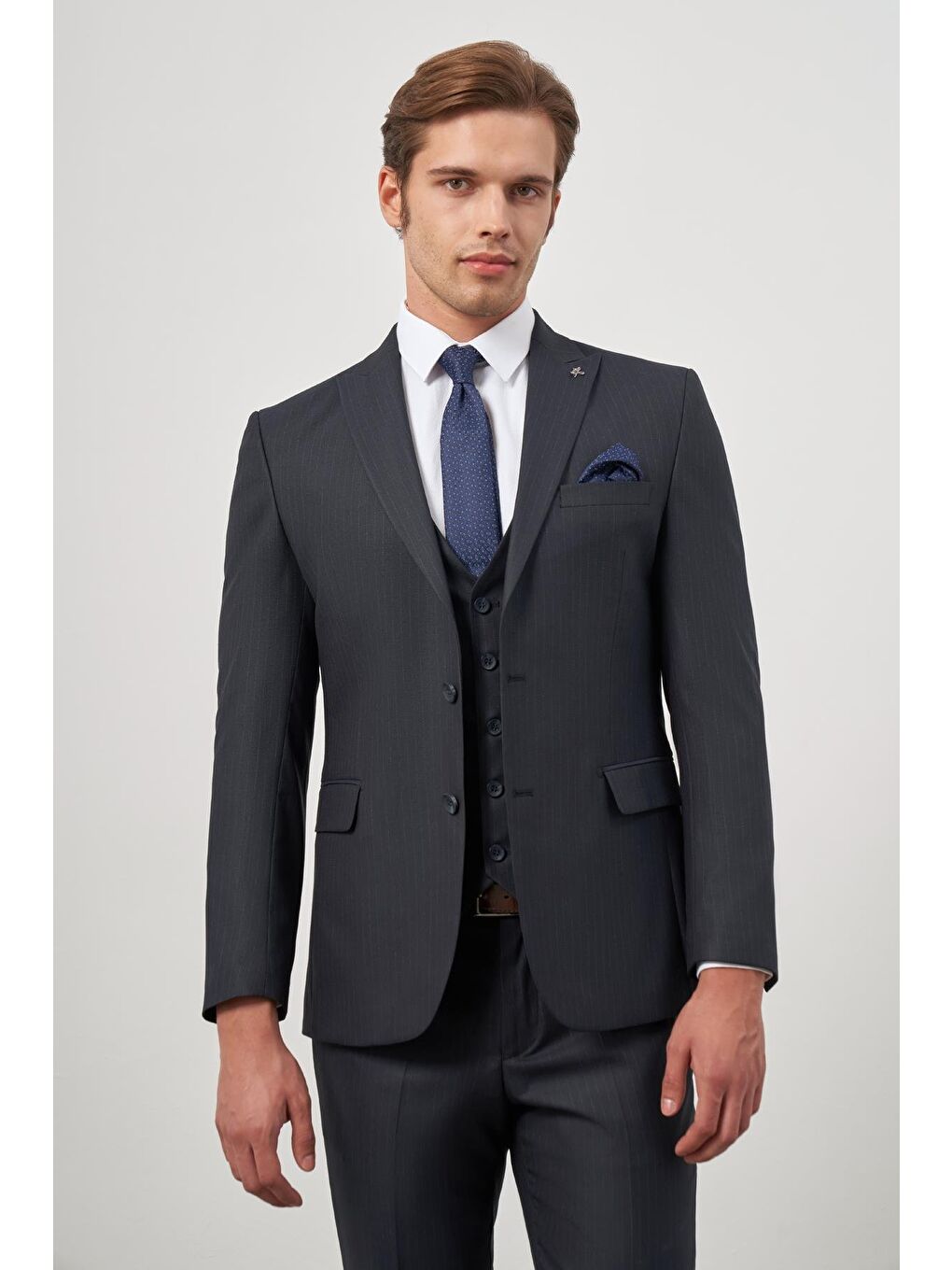 Koyu Lacivert Kılıç Yaka Yelekli 6 Drop Slim Fit Classic Takım Elbise 1001245154