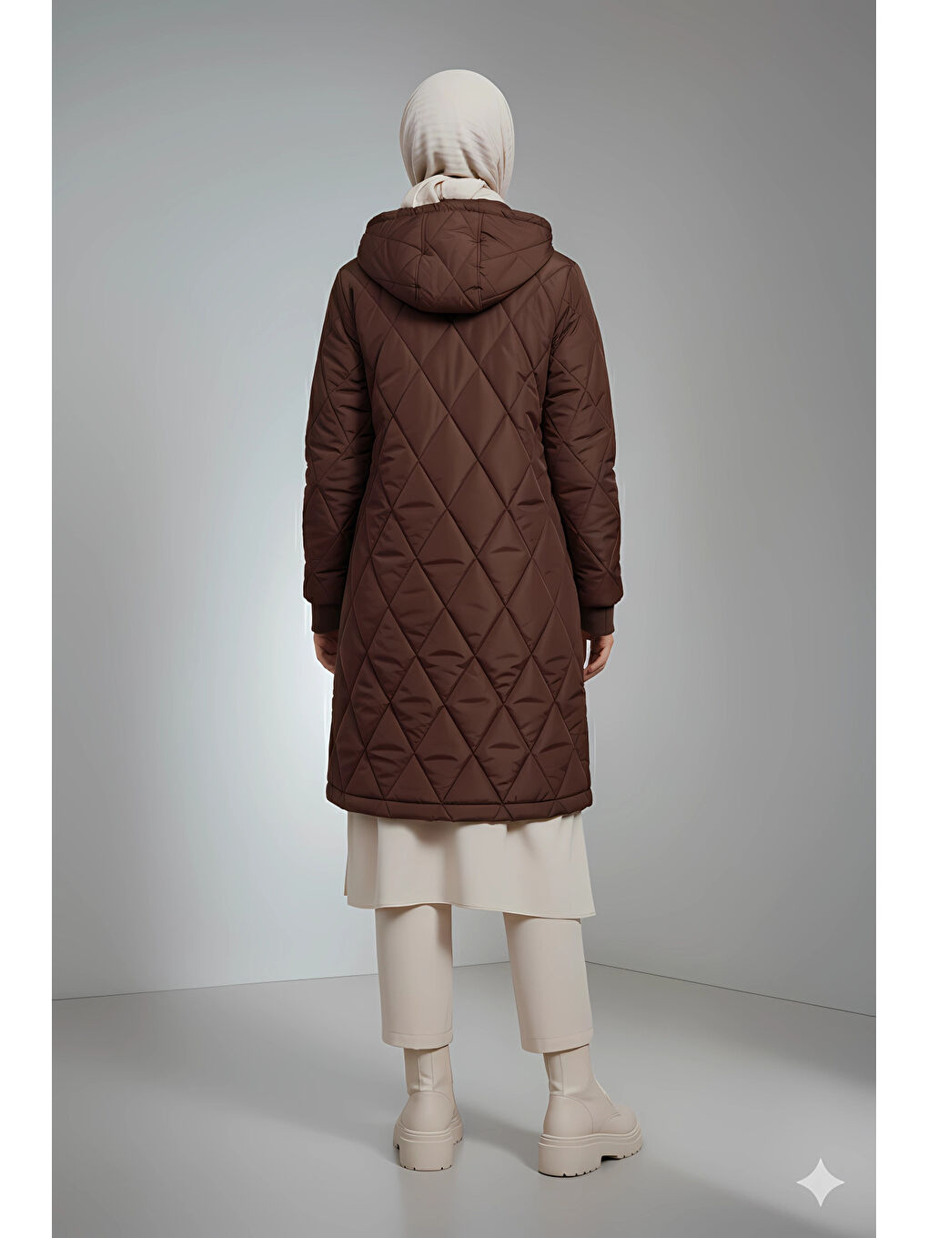 Kadın Kahverengi Uzun Kapitone Astarlı Şişme Tesettür Mont HZL25W-BD151381-3