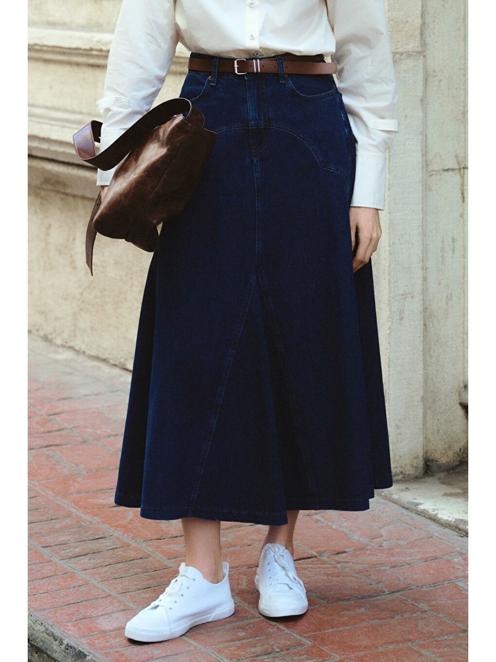 Parça Volanlı Lacivert Maksi Denim Etek-1