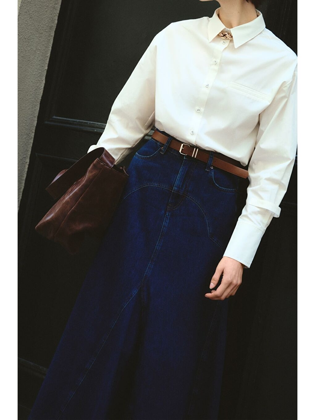 Parça Volanlı Lacivert Maksi Denim Etek-2