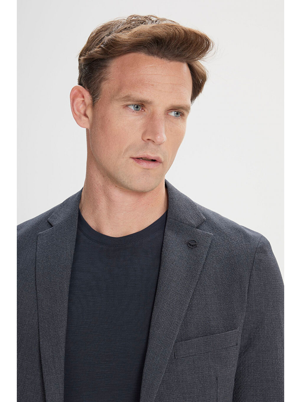 Erkek Antrasit Slim Fit Dar Kesim Mono Yaka Kazayağı Desenli Ceket-3