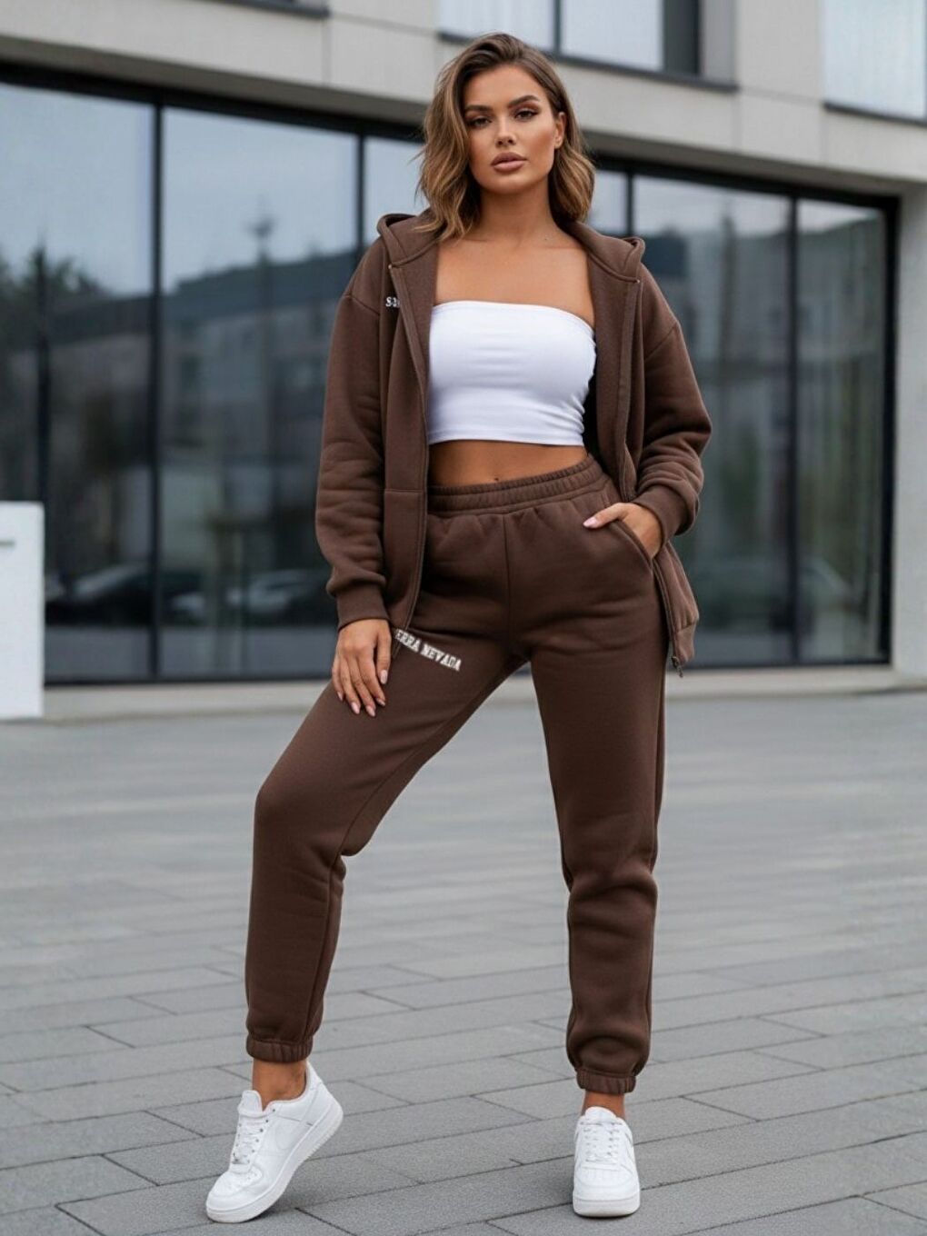 Kahverengi Kadın Kahve Nevada Baskılı Hırkalı Eşofman Takımı