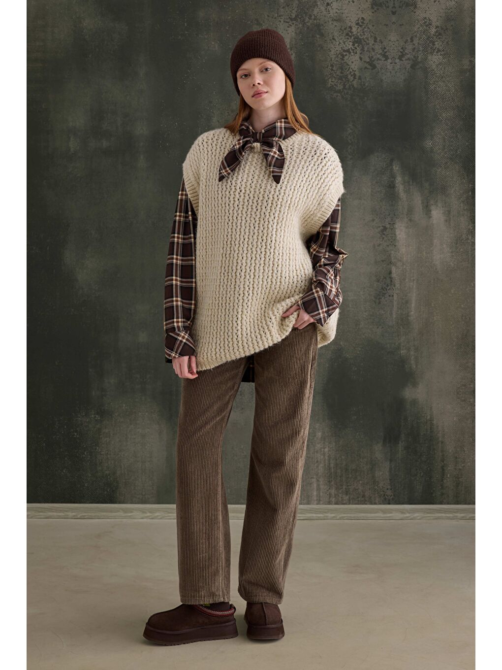 Bej Kadife Fitilli Pantolon Koyu Vizon-1