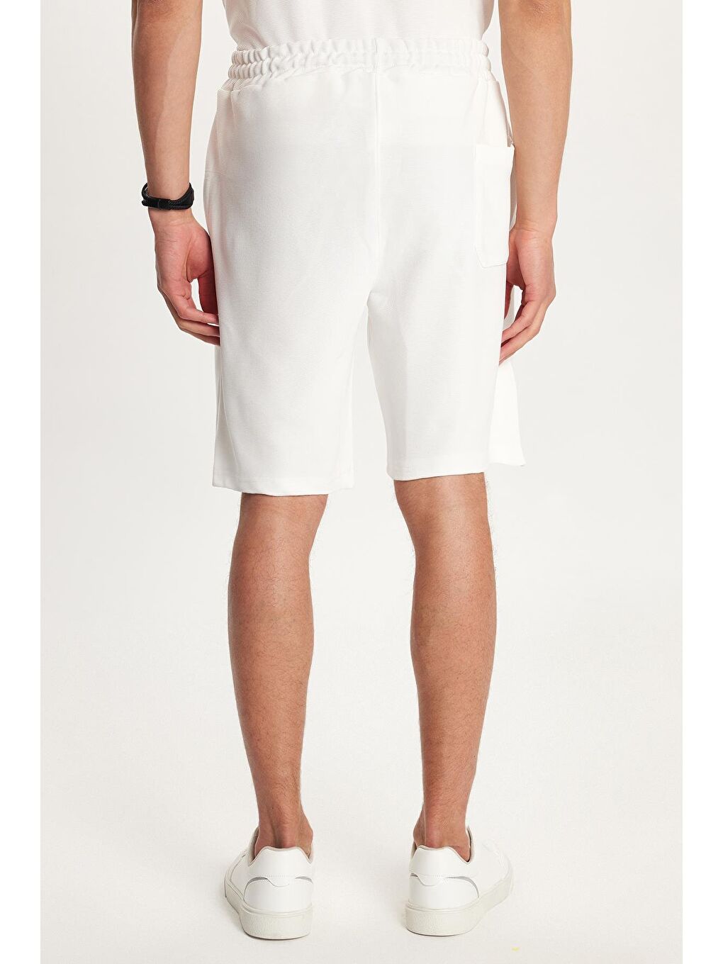 Erkek Standart Fit Pamuklu Fermuarlı Polo Yaka Tişört Beli Bağcıklı Beyaz Şort Takım-5