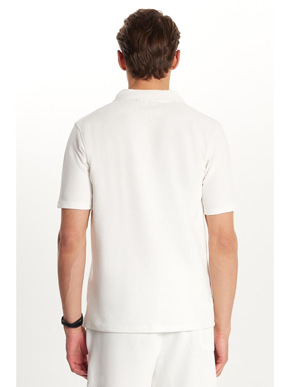 Erkek Standart Fit Pamuklu Fermuarlı Polo Yaka Tişört Beli Bağcıklı Beyaz Şort Takım-6