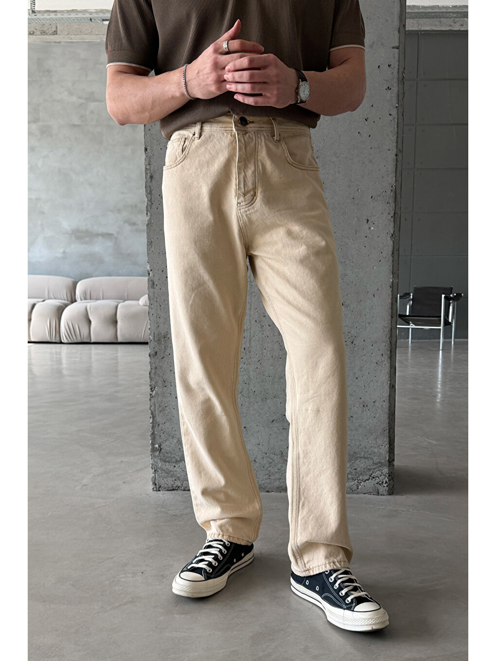 Bej Erkek Regular Jean Pantolon-1