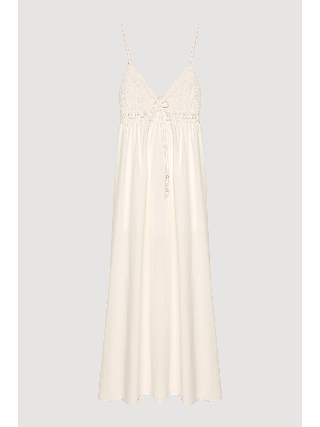 Şerit Gipe Detaylı Askılı Uzun Elbise Ekru