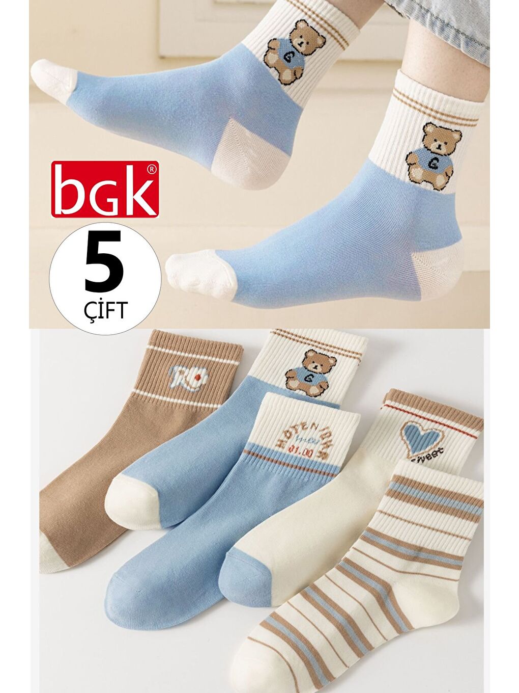Karışık 5 Çift Kadın Mavi-Bej Bear Desenli Çorap