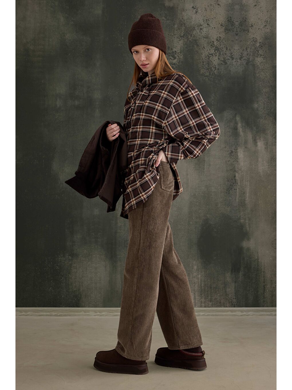 Bej Kadife Fitilli Pantolon Koyu Vizon-2