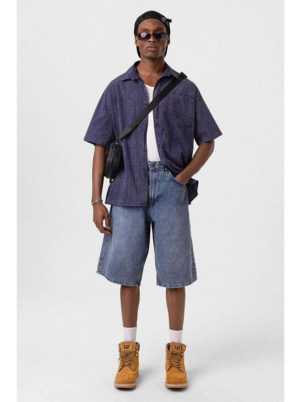 Oversize Cepli Kareli Kısa Kol Gömlek Lacivert