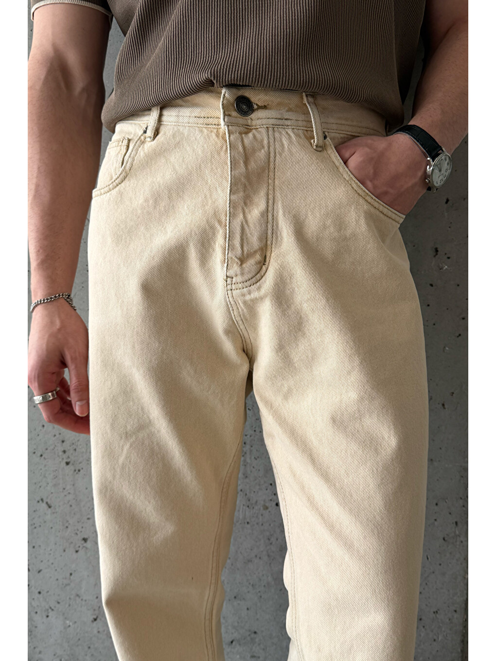 Bej Erkek Regular Jean Pantolon-3
