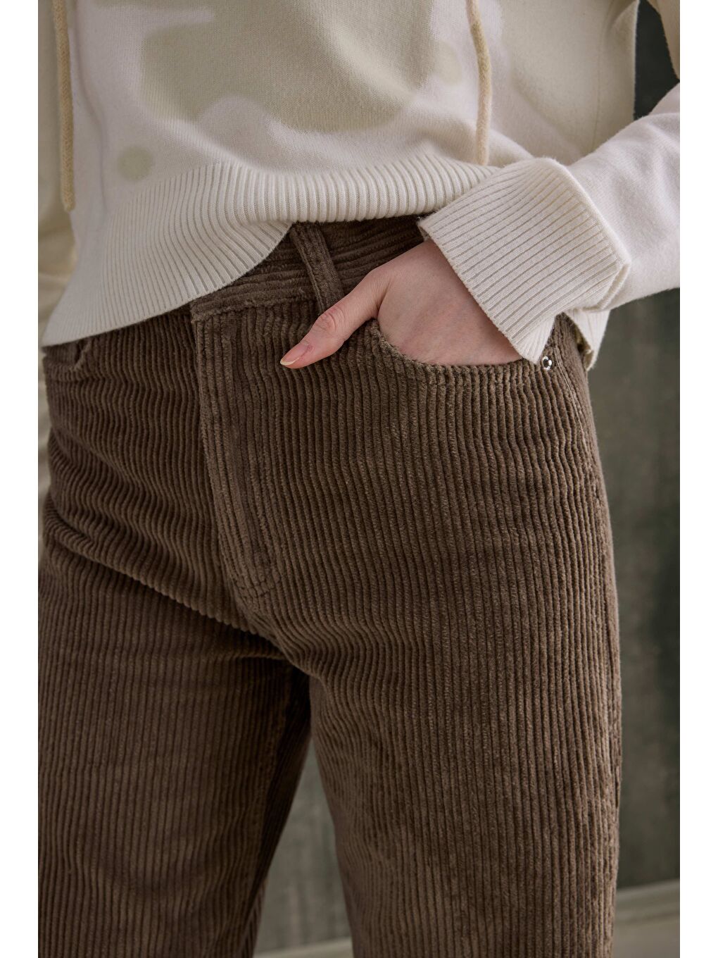 Bej Kadife Fitilli Pantolon Koyu Vizon-3