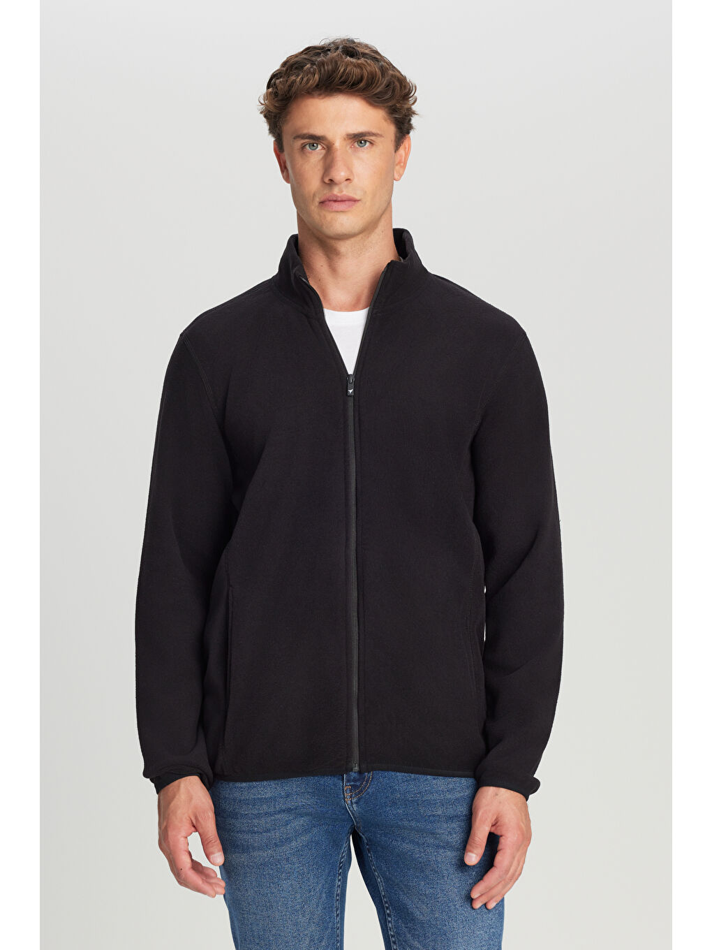 Erkek Siyah Anti-Pilling Tüylenme Yapmayan Standart Fit Bato Yaka Sweatshirt Polar Ceket