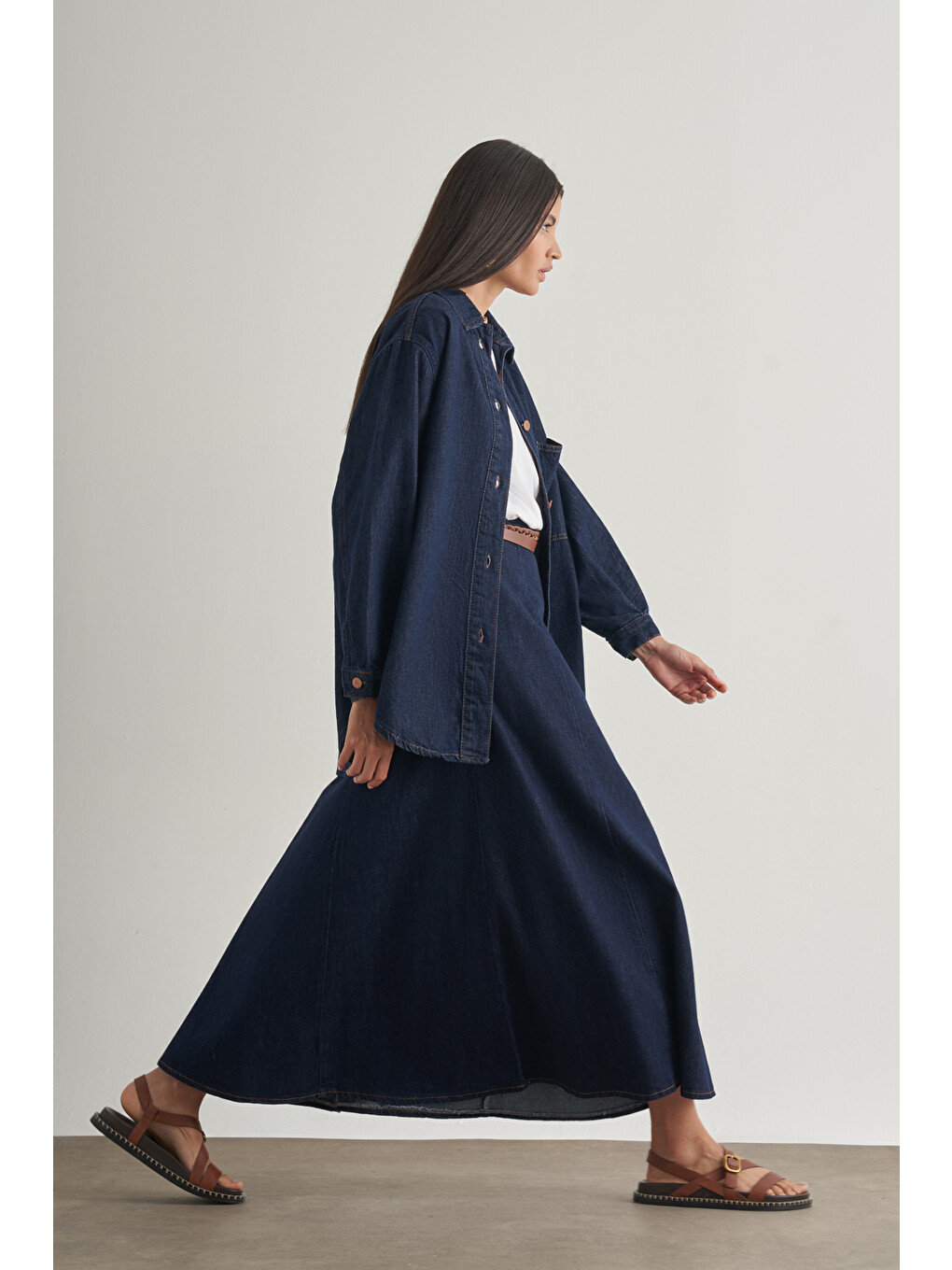 Beli lastikli Volanlı Evaze Lacivert Maksi Denim Etek-1