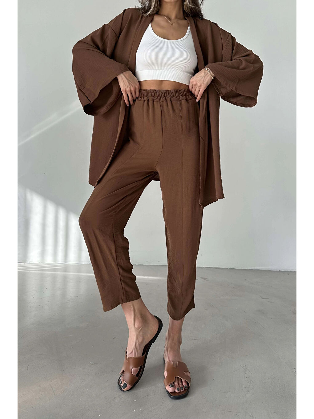 Kahverengi Kadın Kahve Kimono Takım 1018-0075-1