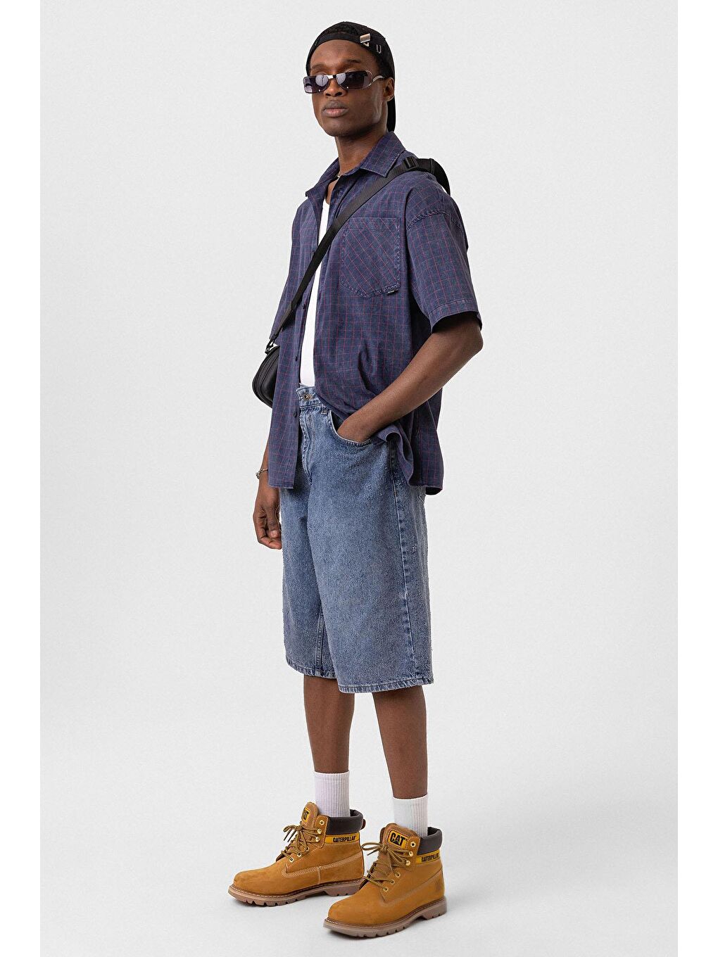 Oversize Cepli Kareli Kısa Kol Gömlek Lacivert-1