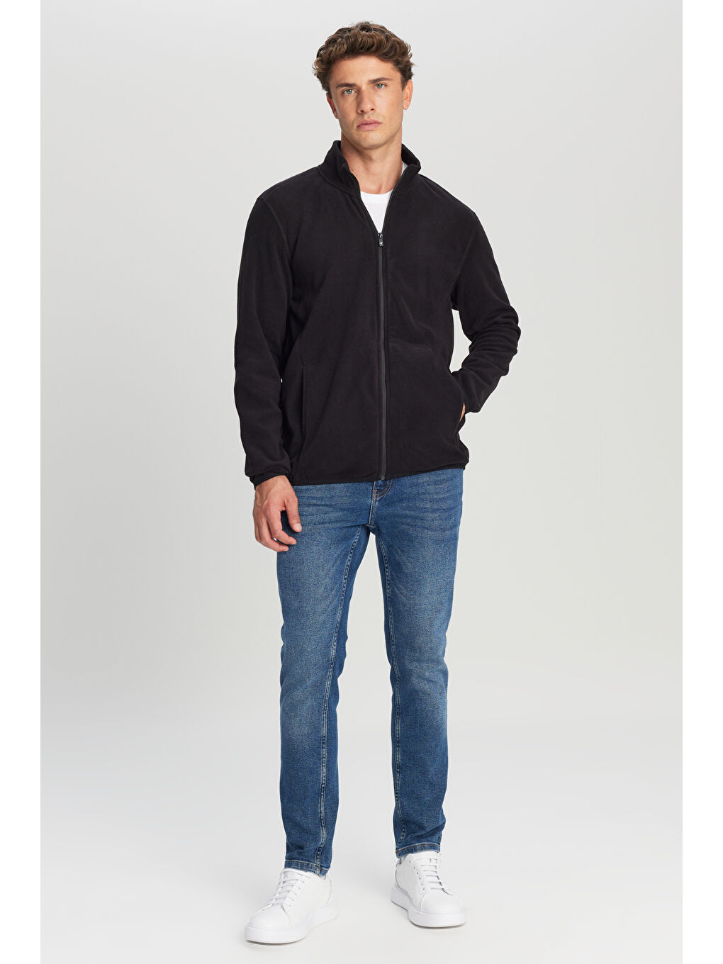 Erkek Siyah Anti-Pilling Tüylenme Yapmayan Standart Fit Bato Yaka Sweatshirt Polar Ceket-1