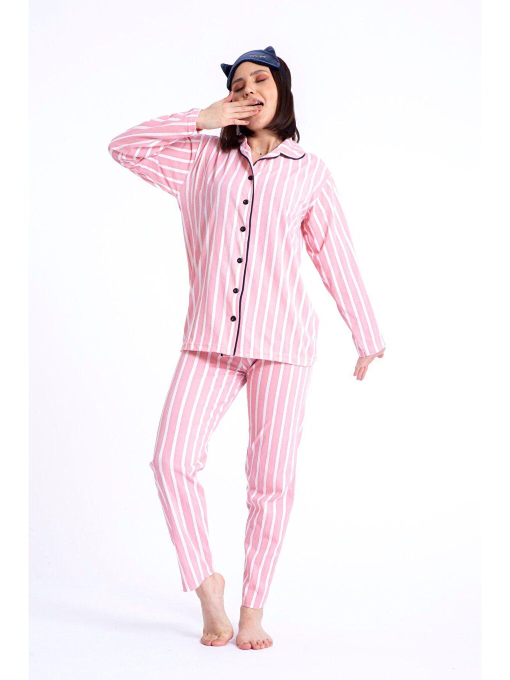 Pembe Gömlek Yaka Düğmeli Kadın Pijama Takımı 3010