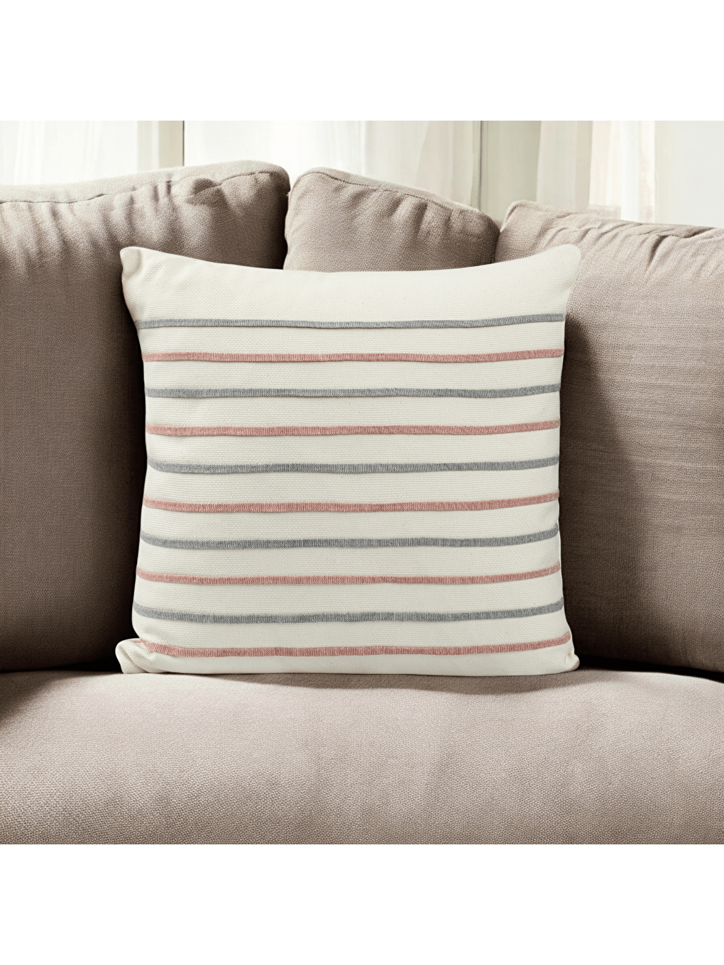 Bej Bohem tarzı Keten-Pamuklu Çizgi Desenli  45x45 Kırlent Kılıfı-1