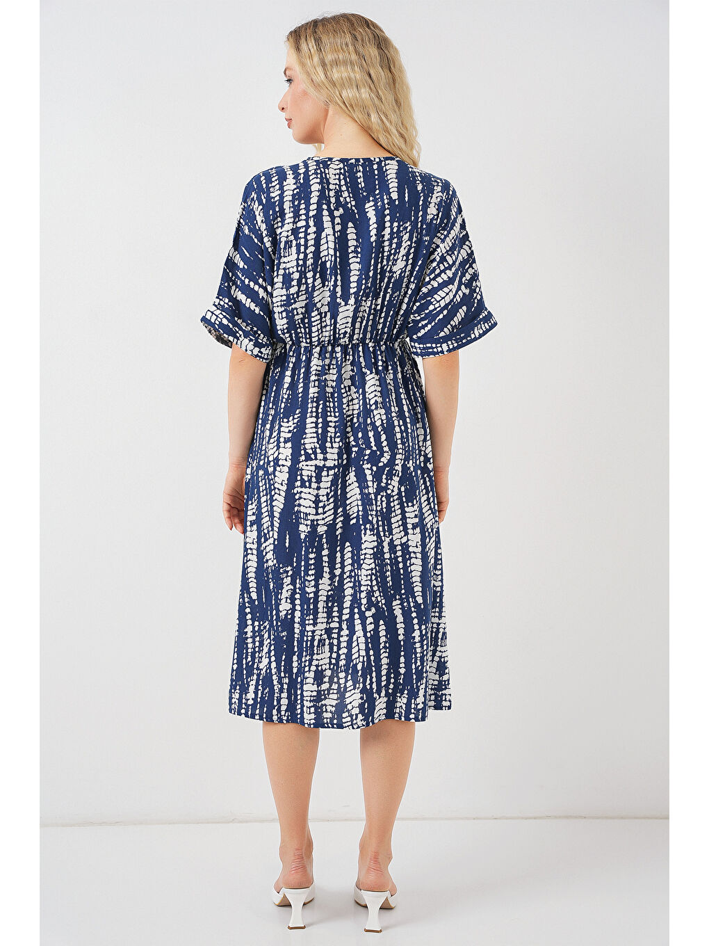 Kadın Desenli Kısa Kol Elbise 2569 - Lacivert-5
