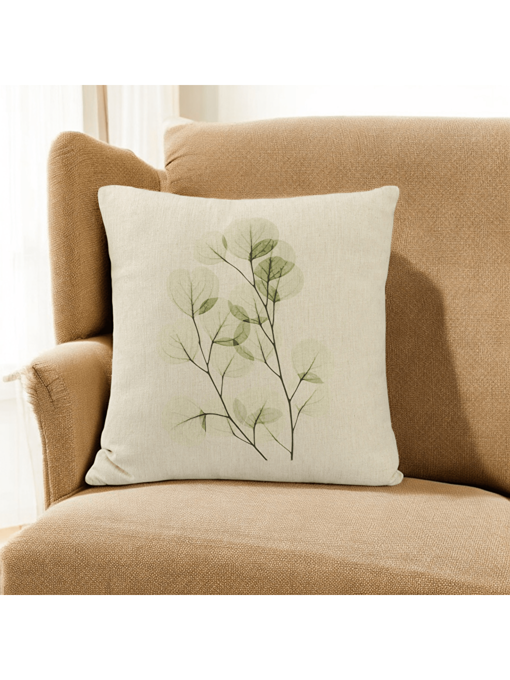 Haki Bohem tarzı Keten-Pamuklu Yaprak Desenli  45x45 Kırlent Kılıfı-1