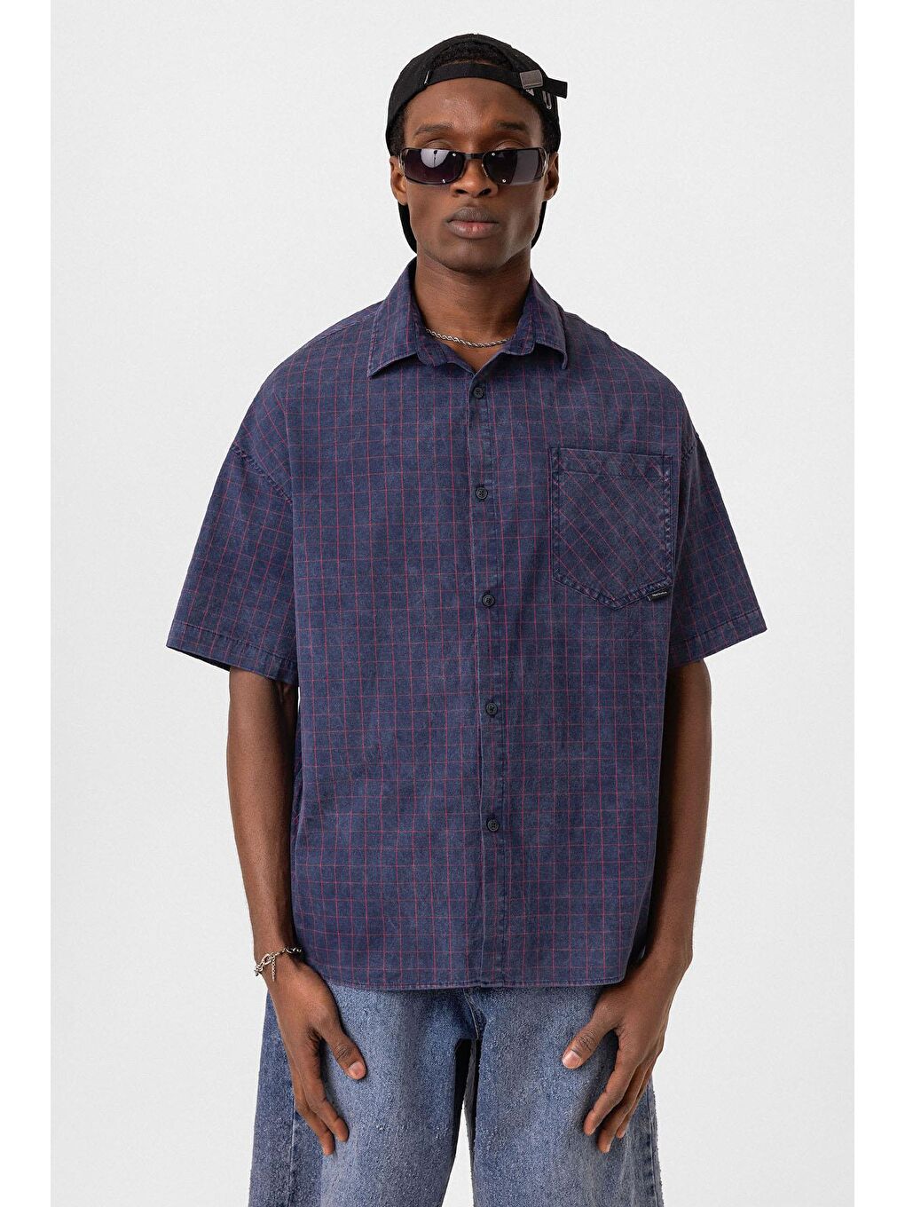 Oversize Cepli Kareli Kısa Kol Gömlek Lacivert-2