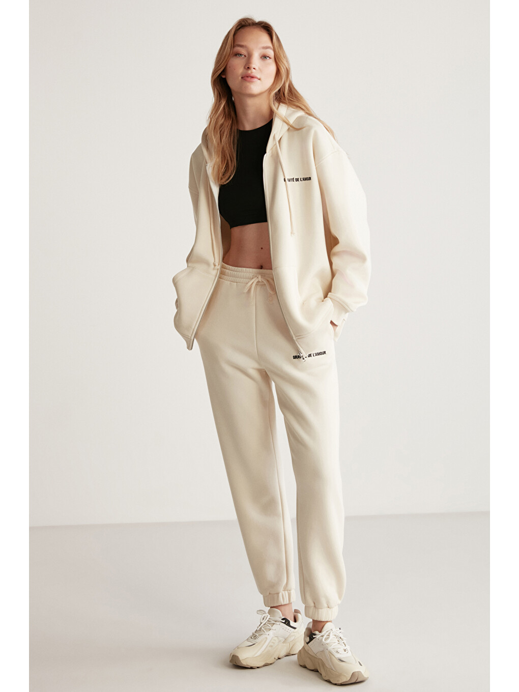 Bej Ametıs Kadın Oversize Organik Pamuklu Metal Fermuarlı Kapüşonlu Vanilya Sweatshirt-1