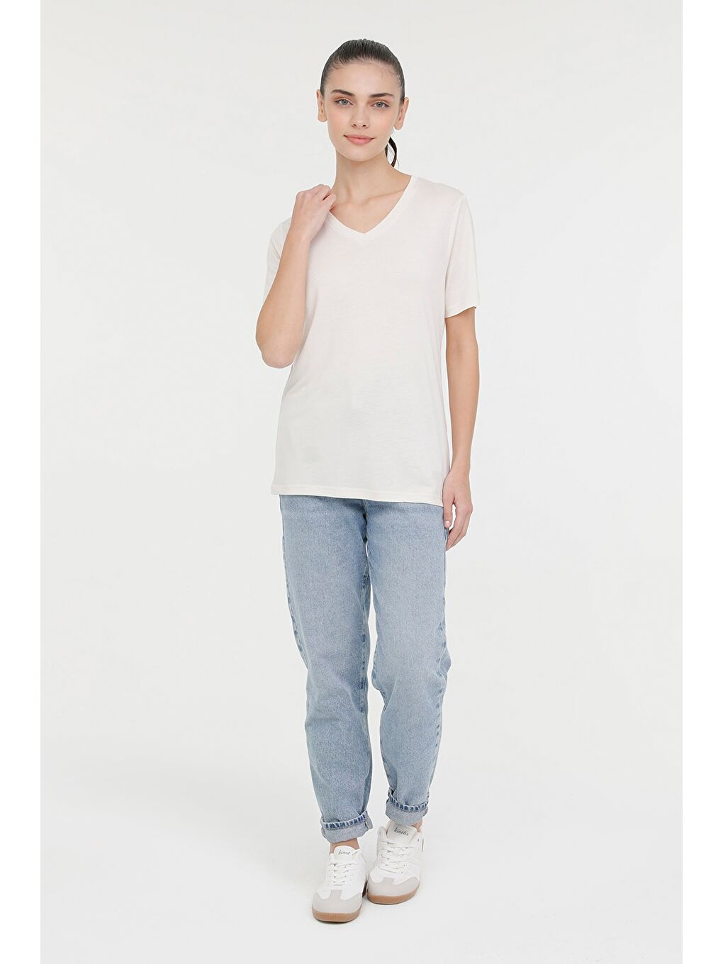 Bej WB V VISKON 11MDK205 4FX Ekru Kadın Kısa Kol T-Shirt-2