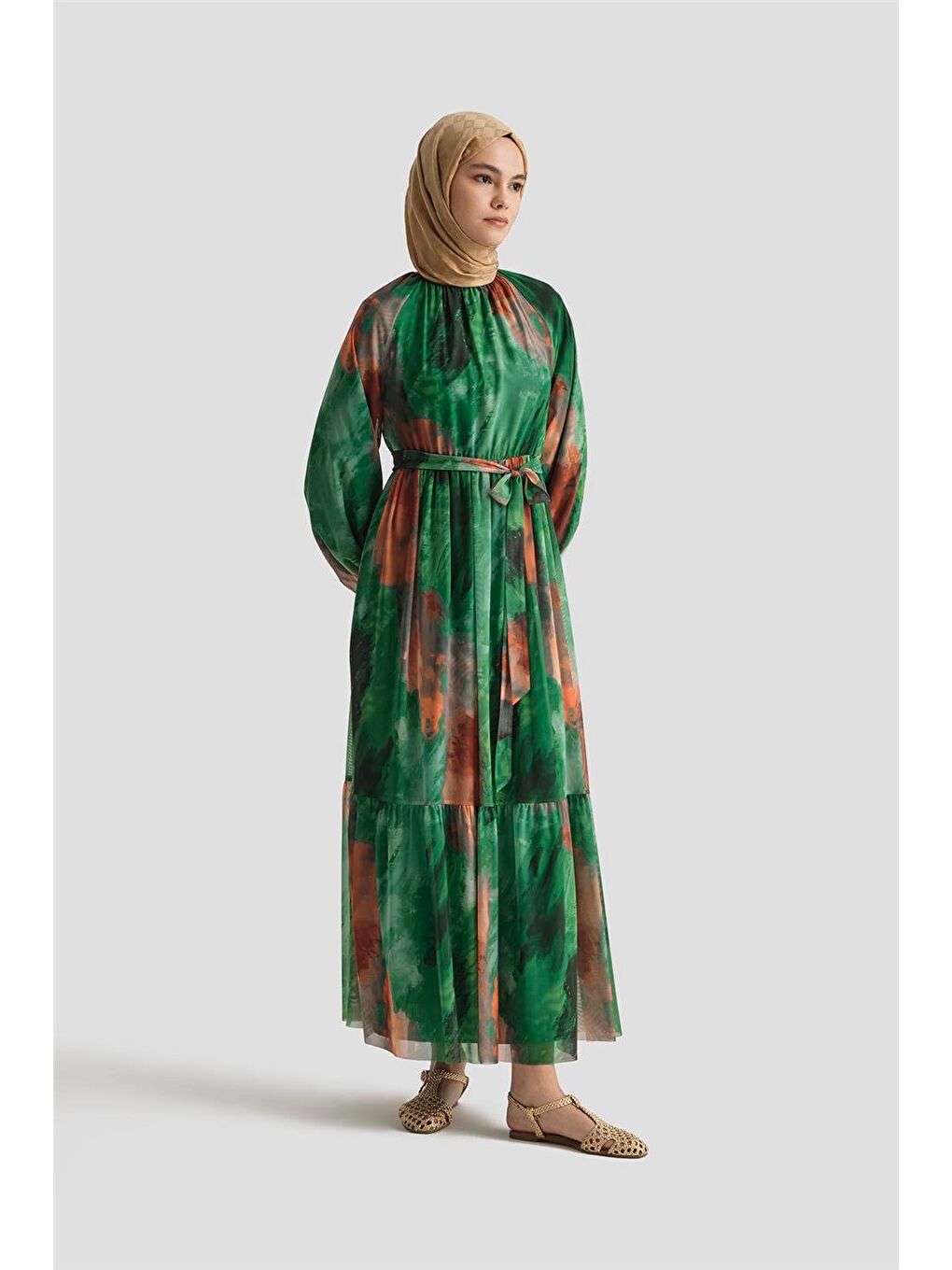 Desenli Elbise 25Yd4016 Yeşil