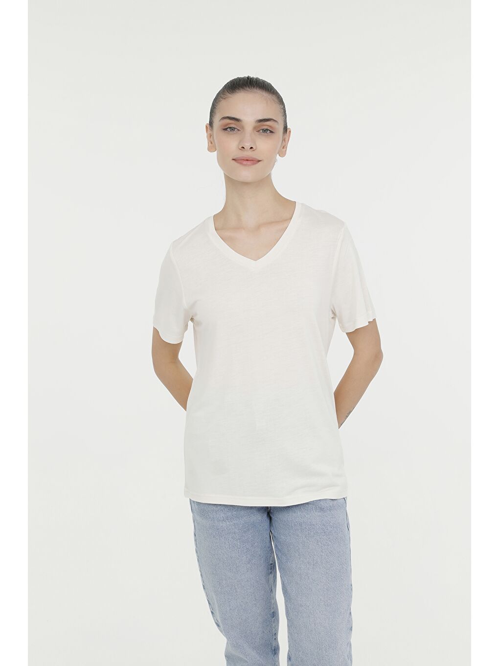 Bej WB V VISKON 11MDK205 4FX Ekru Kadın Kısa Kol T-Shirt-4