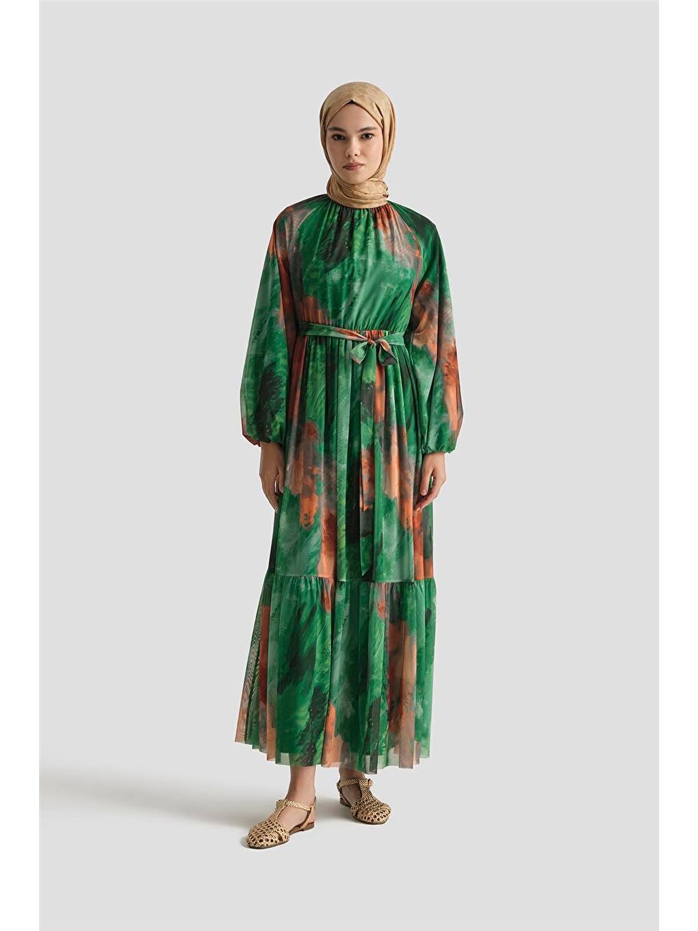 Desenli Elbise 25Yd4016 Yeşil-1