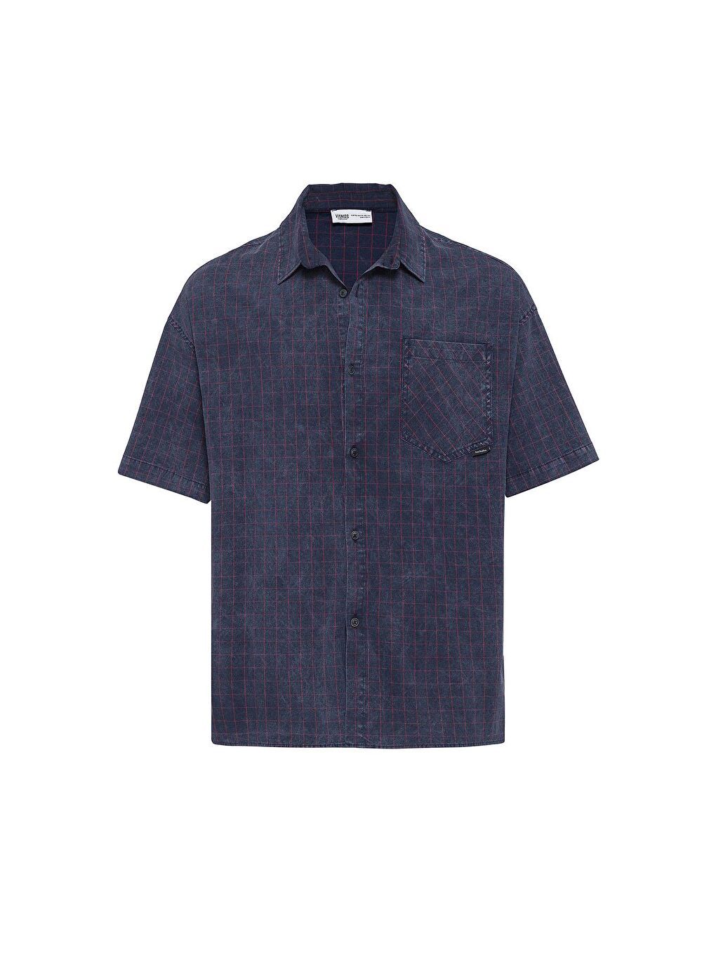 Oversize Cepli Kareli Kısa Kol Gömlek Lacivert-3