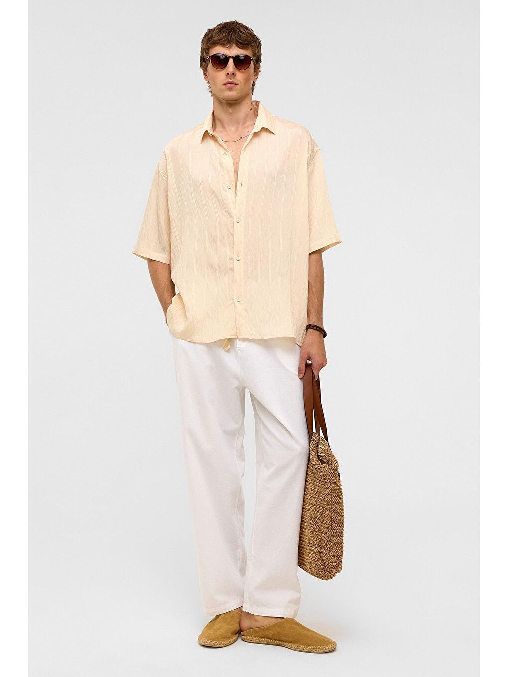 Oversize Çizgili Kısa Kollu Modal Kumaş Gömlek Bej