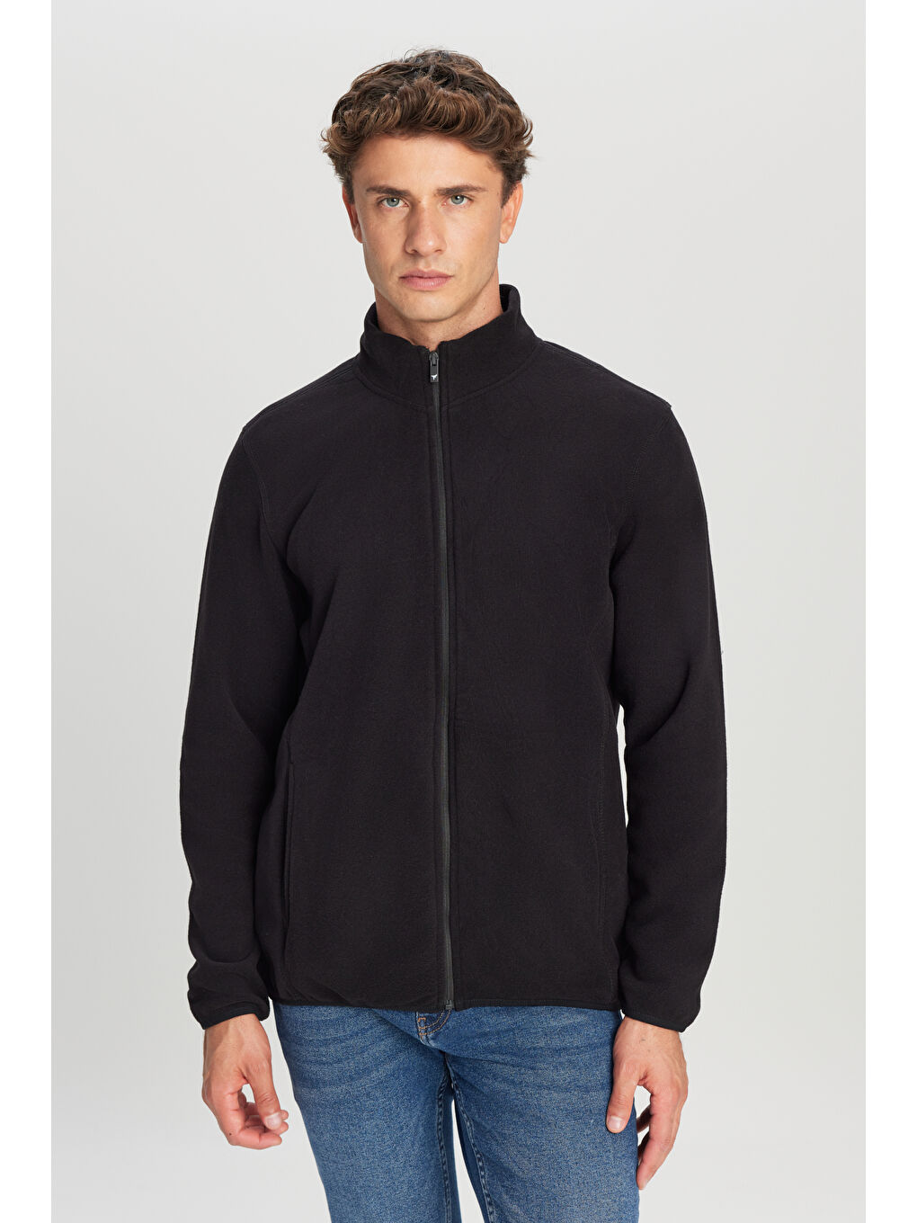 Erkek Siyah Anti-Pilling Tüylenme Yapmayan Standart Fit Bato Yaka Sweatshirt Polar Ceket-2