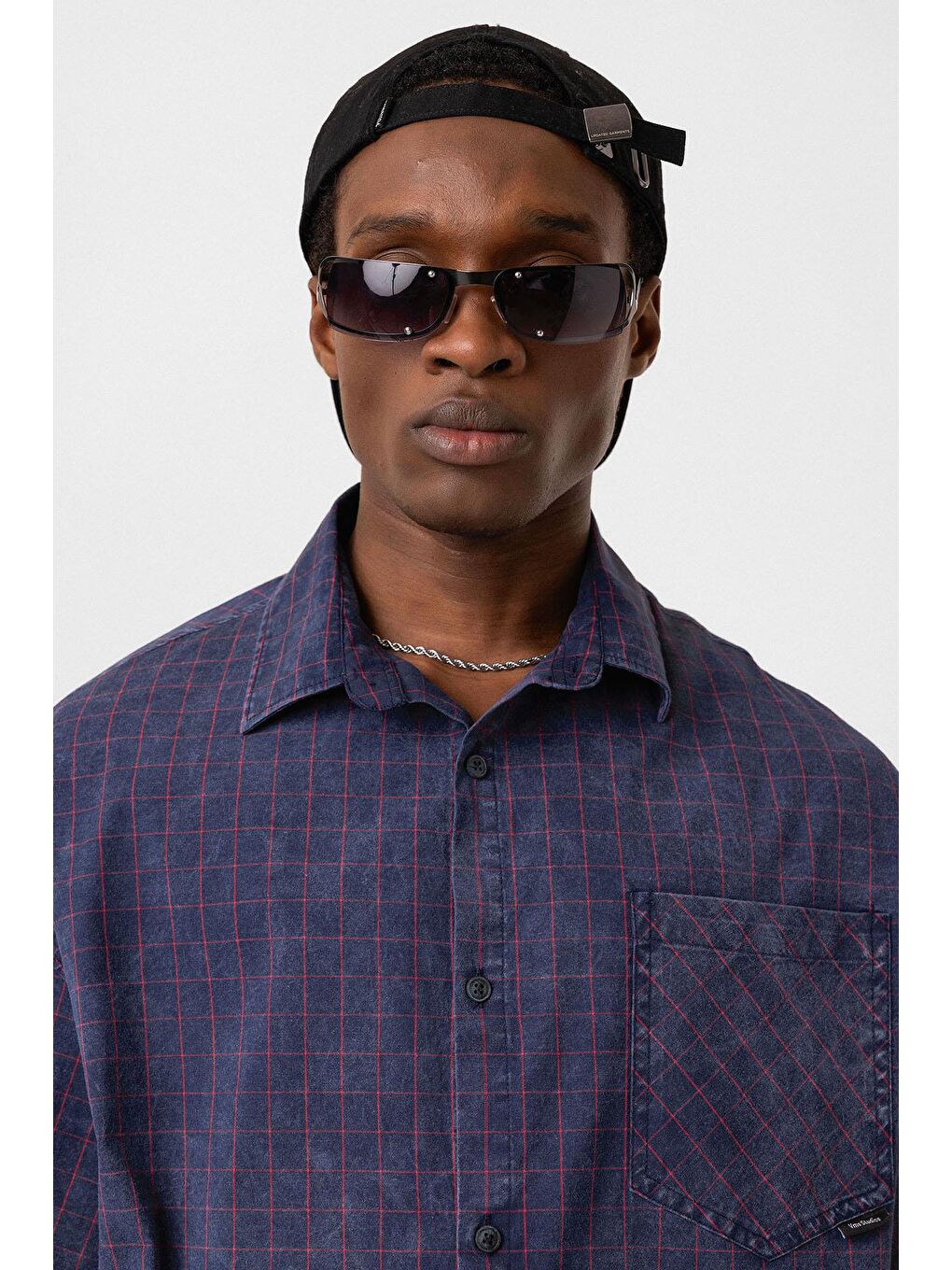 Oversize Cepli Kareli Kısa Kol Gömlek Lacivert-4