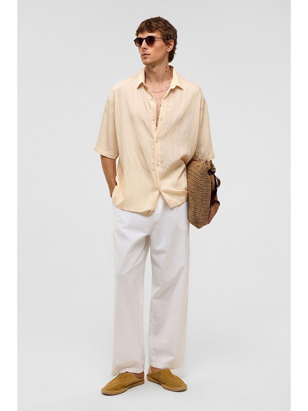 Oversize Çizgili Kısa Kollu Modal Kumaş Gömlek Bej-1