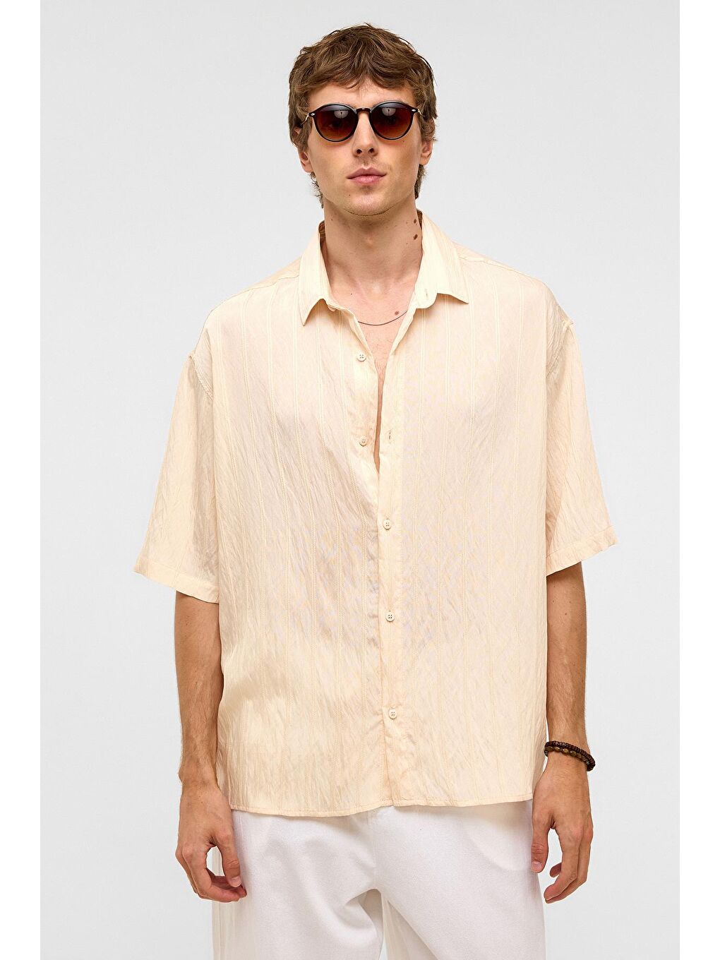 Oversize Çizgili Kısa Kollu Modal Kumaş Gömlek Bej-2