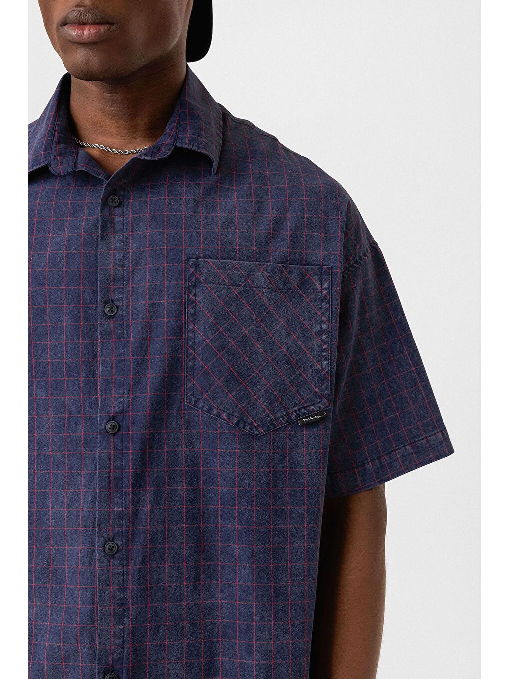 Oversize Cepli Kareli Kısa Kol Gömlek Lacivert-5